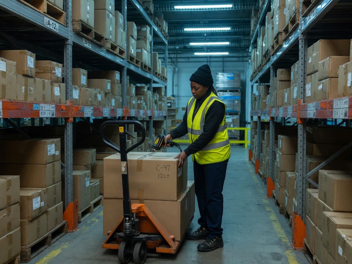 Warehouse operator scanning cases on a pallet jack in a pick aisle