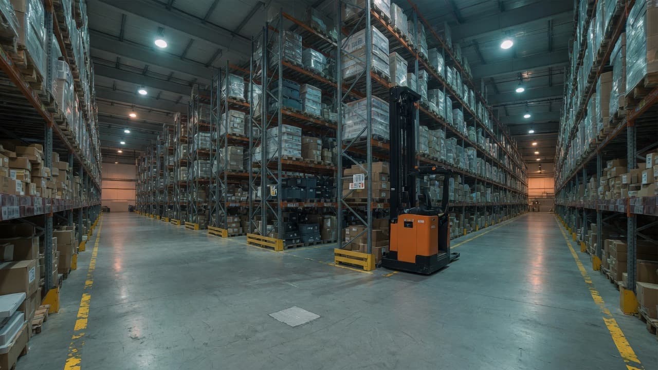 High-bay warehouse aisle with pallet racking and a reach truck