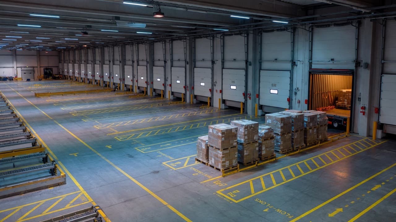 Outbound dock hall with staged pallets and marked process lanes