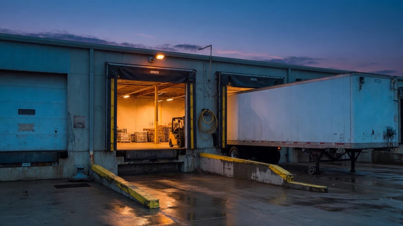 Warehouse loading docks at dusk with a trailer on the bay